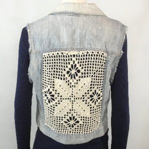 Aeropostale Distressed Denim Vest with Crocheted Back